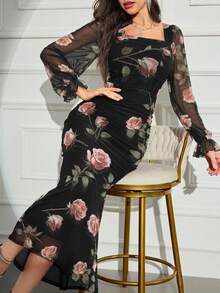 Modelyn 女款優雅純色網紗修身長洋裝，秋季長款晚禮服 - 黑色 - 查看 8