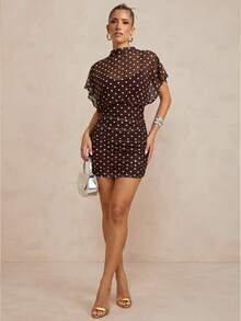 Lumalex Nuevo vestido mini ajustado con estampado de lunares, malla, manga corta, manga de pétalo y fruncido - Multicolor - Ver 3