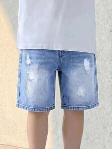 SHEIN Casuvi Kids 男童夏季新款时尚做旧百搭宽松直筒舒适牛仔短裤，适合日常、度假、上学、节日及休闲户外穿着 - 中等水洗藍 - 查看 3