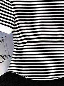Resyla Women's Fashion Casual Striped Print Collared V-Neck Short Sleeve T-Shirt - Black and White - View 5