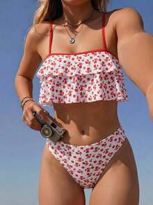 Swim Mod Set Baju Renang Tankini Wanita Motif Bunga dengan Hiasan Ruffle di Bagian Bawah - Red and White - View 3