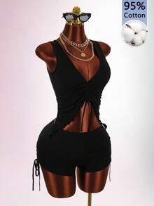 Amplova Women's Hippie Bandage Sexy Black Low-Cut Super Short Shorts 2 Pieces Set Night Out Club Summer - Black - View 7