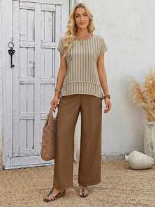 EMERY ROSE Women's Casual Vacation & Commute Striped Print Cap Sleeve Top And Wide Leg Pants Set, Spring/Summer - Khaki - View 4