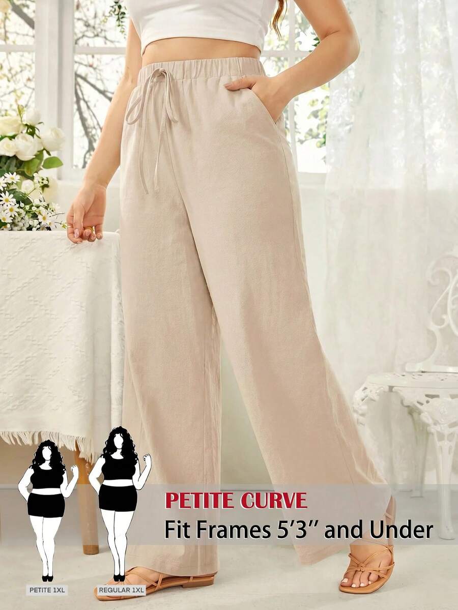SHEIN PETITE CURVE Plus Size Casual Versatile Solid Color Straight Leg Pants - Apricot - View 1