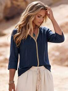 Linhara CURVE Women's Plus Size Mid-Length Sleeve V-Neck Casual Top, Spring Summer Autumn Winter Top, Vacation Casual Home Top - Blue - View 9