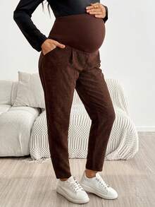 SHEIN Maternity Solid Color Adjustable Waist Casual Long Pants Fall - Brown - View 9