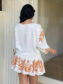 Sunnyshic Spring, Summer, Fall, New Heavy Design Tassel Bow, Elegant, Vacation, Design-Oriented Print Fabric Puff Long Sleeve Shirred Tie-Front Blouse Shirt Women, Paired With Ruched Waist Slimming Cake Skirt Two Pieces Set - Burnt Orange - View 2