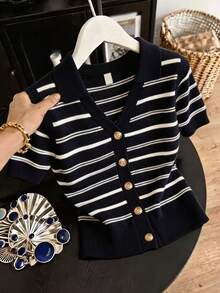 GlowEve CURVE Plus Size Women's Navy Blue Short Sleeve Single-Breasted Knit Cardigan Back-To-School Office Summer Elegant - Black - View 1