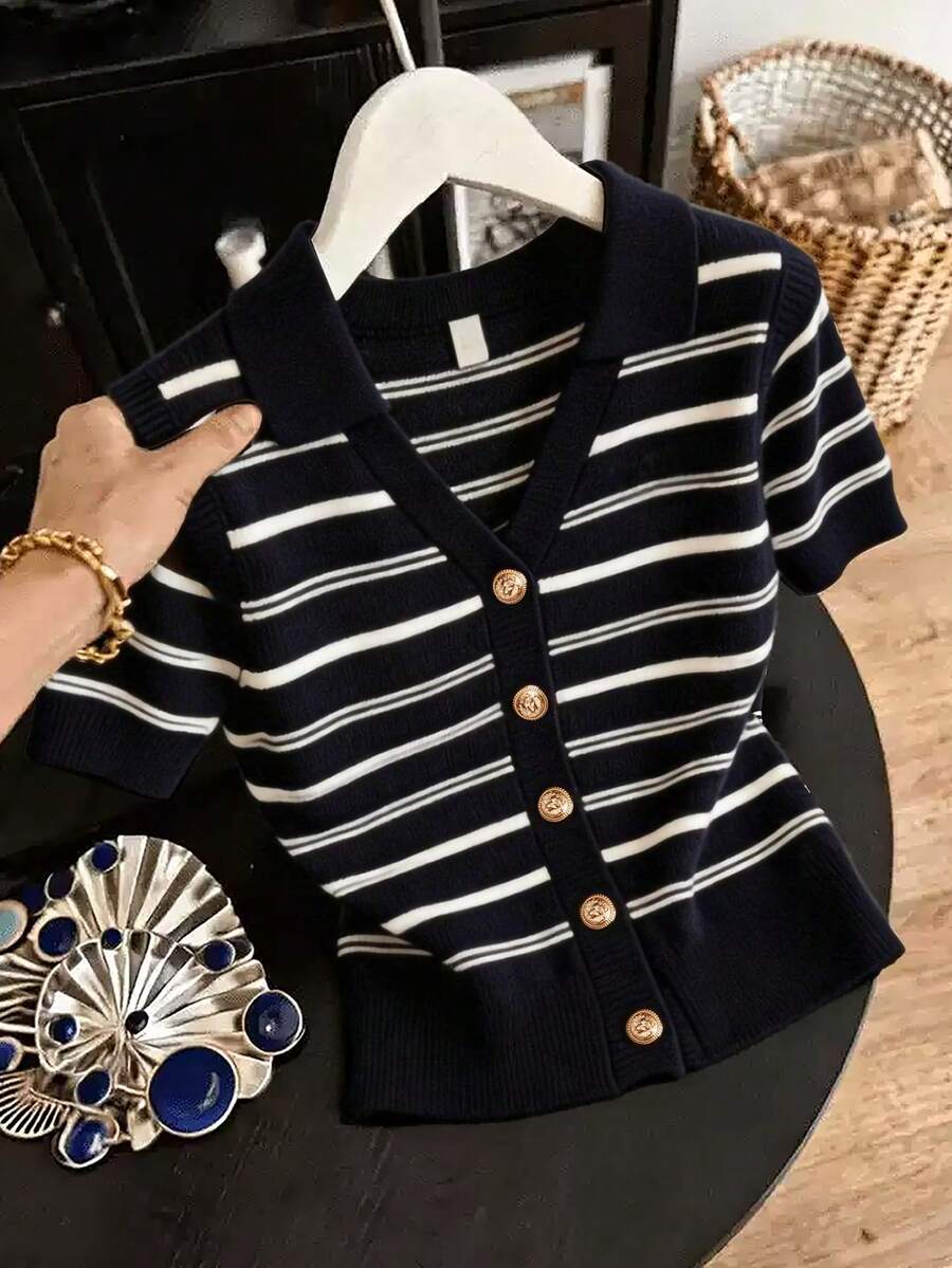 GlowEve CURVE Plus Size Women's Navy Blue Short Sleeve Single-Breasted Knit Cardigan Back-To-School Office Summer Elegant - Black - View 1
