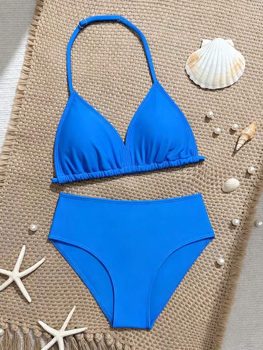 SHEIN 青少年女孩比基尼套裝,黑色三角掛脖綁帶比基尼兩件式泳衣套裝,時尚海灘度假夏季泳池游泳派對休閒款 - 寶藍色 - 查看 1