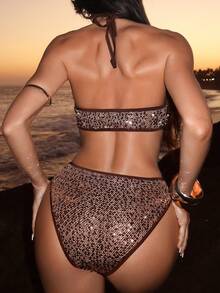 Swim SXY Fashionable New Women's Sequin Cutout Design Halter Neck Mesh One-Piece Swimsuit - Brown - View 2