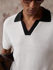 HIMLAND Men's Contrast Collar Short Sleeve Knit Top - Black and White - View 2