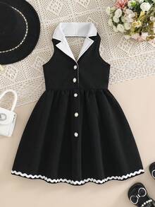 SHEIN Elladie kids 少女夏季新款時尚黑白掛脖露背收腰鉚釘珍珠鈕扣優雅甜美百搭度假風洋裝 - 黑與白 - 查看 9