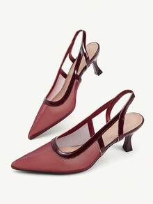 CUCCOO CHICEST Burgundy Mesh Pointed Kitten Heel Sandals, Slingback, Commuter Shoes - Burgundy - View 1