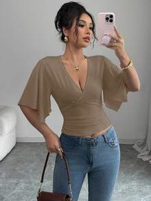 Elenzga Women's Casual Asymmetrical Ruffle Short Sleeve Crop Top For Vacation Beige - Brown - View 7