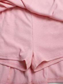 SHEIN 青少年女孩休閒圓領無袖不對稱領口金屬玫瑰裝飾抓皺分層粉色洋裝 - 粉色 - 查看 4