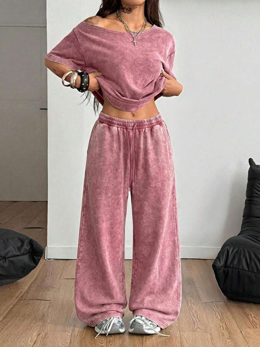 Coolane 女士夏季极简街头风基础日常穿搭外出运动舒适露肩T恤和阔腿运动裤两件套 - 玫紅色 - 查看 1