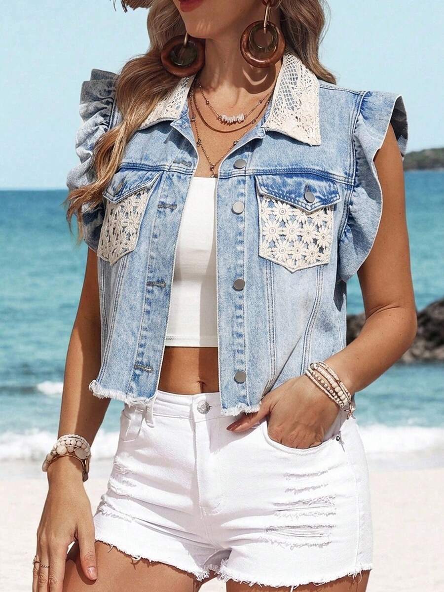 SHEIN Holidaya Plus Size Women Contrast Lace Trim Denim Jacket With Flutter Sleeves - Blue - View 1