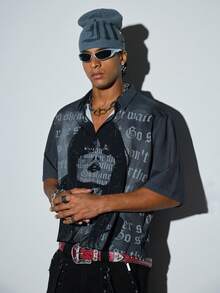 Modcrash Men's Grey Gothic Portrait & Slogan Print Button-Down Shirt, Street Dark Style Shirt - Dark Grey - View 1