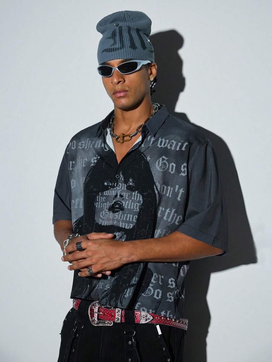 Modcrash Men's Grey Gothic Portrait & Slogan Print Button-Down Shirt, Street Dark Style Shirt - Dark Grey - View 1
