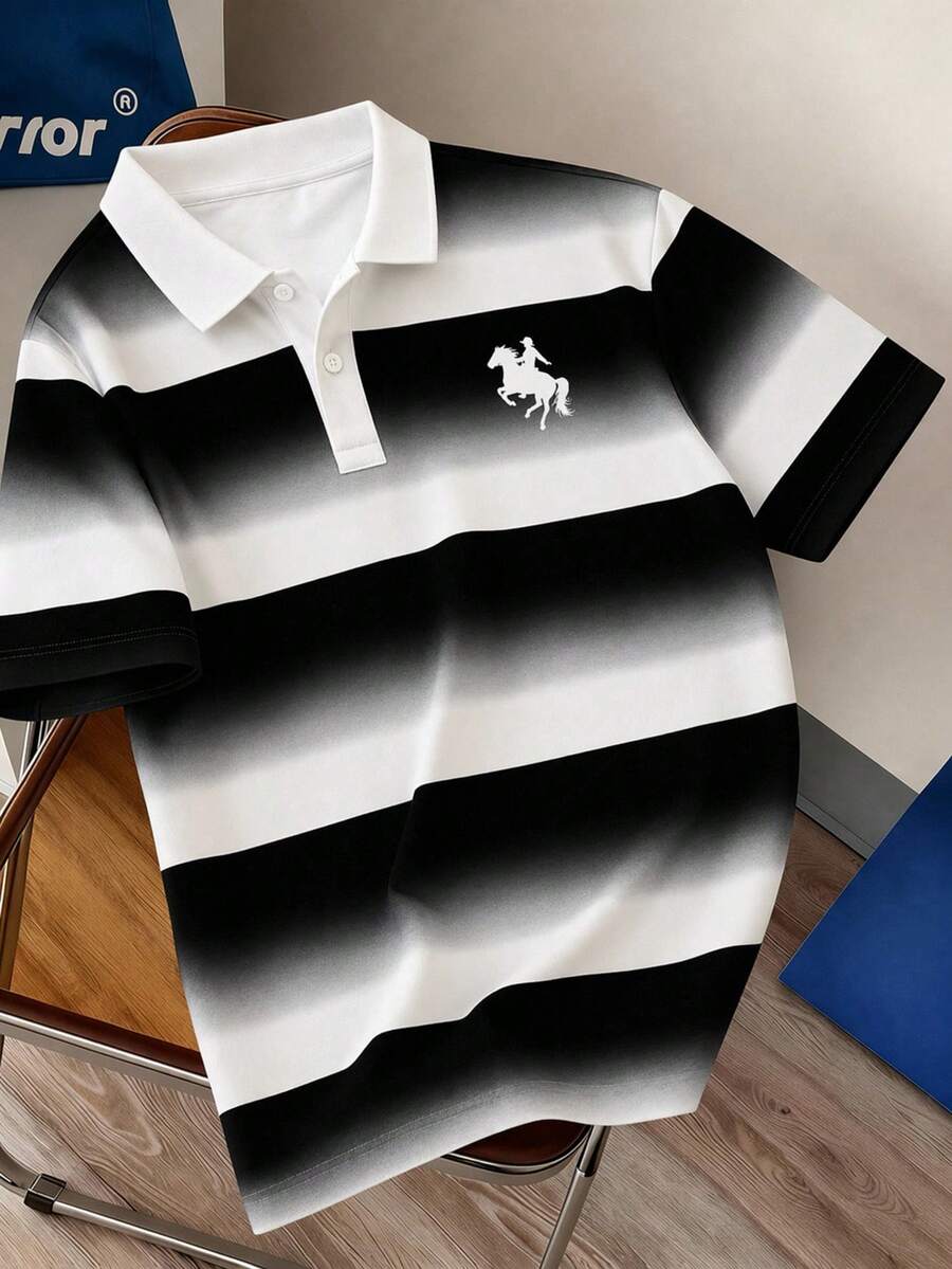 Manfinity Joysei Men's Gradient Striped Casual Versatile Commuter Short Sleeve Polo Shirt - Black - View 1