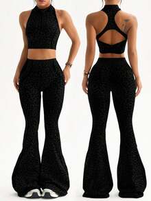 Sirith 2pcs Women Seamless Half Zip Mandarin Collar Backless Sexy Sports Bra And Flared Pants Yoga Workout Set - Black - View 4