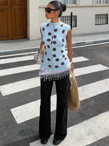 Muchica Women's Geometric Pattern Stand Collar Casual Cute Versatile Daily Wear Knit Top Y2k Brown And Blue Polka Dot Top Vacation Outfits Autumn Outfit - Baby Blue - View 6