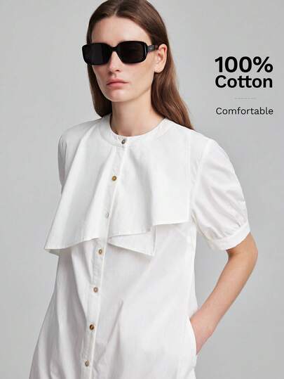 Ontre 2026 New Summer Women's Short Dress, Loose Fit, White Puff Sleeve, Woven Fabric, Round Neck, Button Front, Ruffle Hem, Asymmetrical Irregular Design, Pockets, Casual Commute, Urban Modern, Minimalist Elegant, Tea Party, Independence Day, Old Money Style, Teacher Outfit, Women's Office Wear, Holiday Outfit, Vacation Date, Women's Outwear, Fashion Versatile, A-Line Short Dress