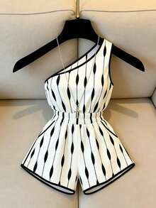 SHEIN Women's New Elegant One-Shoulder Waist-Cinching Romper - Black and White - View 3