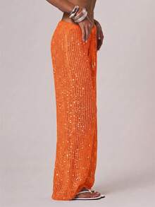 Musera Resort Women Cover Ups Ibiza Boho Vacation Holiday Beach Elegant Summer Sequin Wide Leg Crochet Trouser Spring Carvinal Beachwear Festival - Orange - View 3