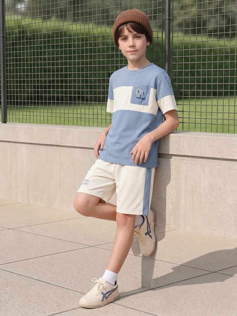 Casuvi Kids 2件套青少年男童校园日常穿搭,蓝白撞色口袋,CA字母印花短袖T恤和短裤,清爽舒适休闲百搭 - 霧霾藍 - 查看 1
