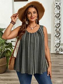 EMERY ROSE Plus Size Women's Black And White Round Neck Pleated Loose Tank Top, Suitable For Spring And Summer Vacation Boho - Multicolor - View 3
