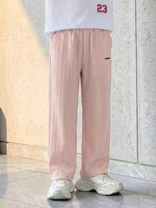 SHEIN Casuvi Kids 1件男童卡其色直條紋紋理休閒簡約直筒寬鬆長褲，春夏百搭新款，經典簡約易搭配，適合校園生活、都市休閒、週末聚會等場合 - 卡其色 - 查看 4