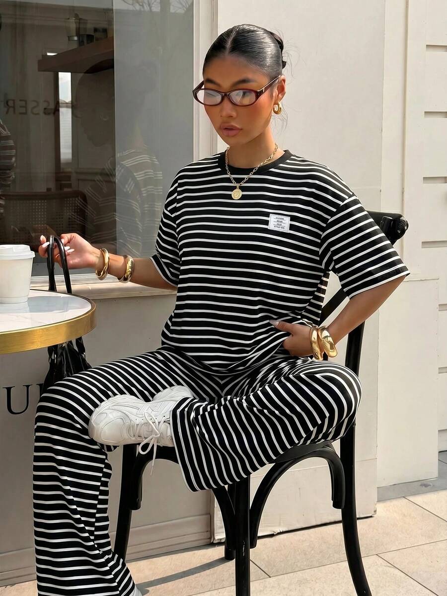 Muchica 女款新款針織黑白條紋休閒街頭風寬鬆短袖T恤與長褲套裝,適合早午餐、夏季旅行度假 - 黑與白 - 查看 1