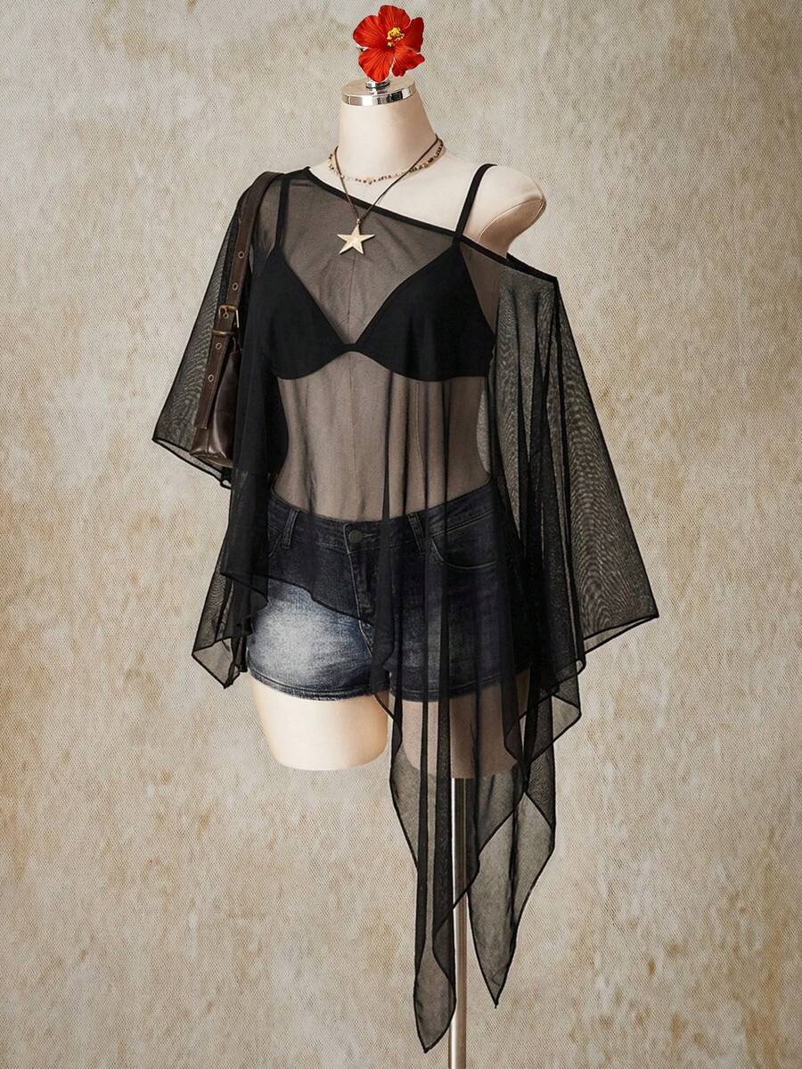 SHEIN ICON 黑色大尺碼女款網紗不對稱下擺不對稱肩鬆垮上衣 - 彩色 - 查看 1