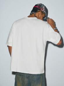 Mens White Letter Graphic Oversized T-Shirt Drop Shoulder Vintage Casual Streetwear Summer Tee - White - View 3