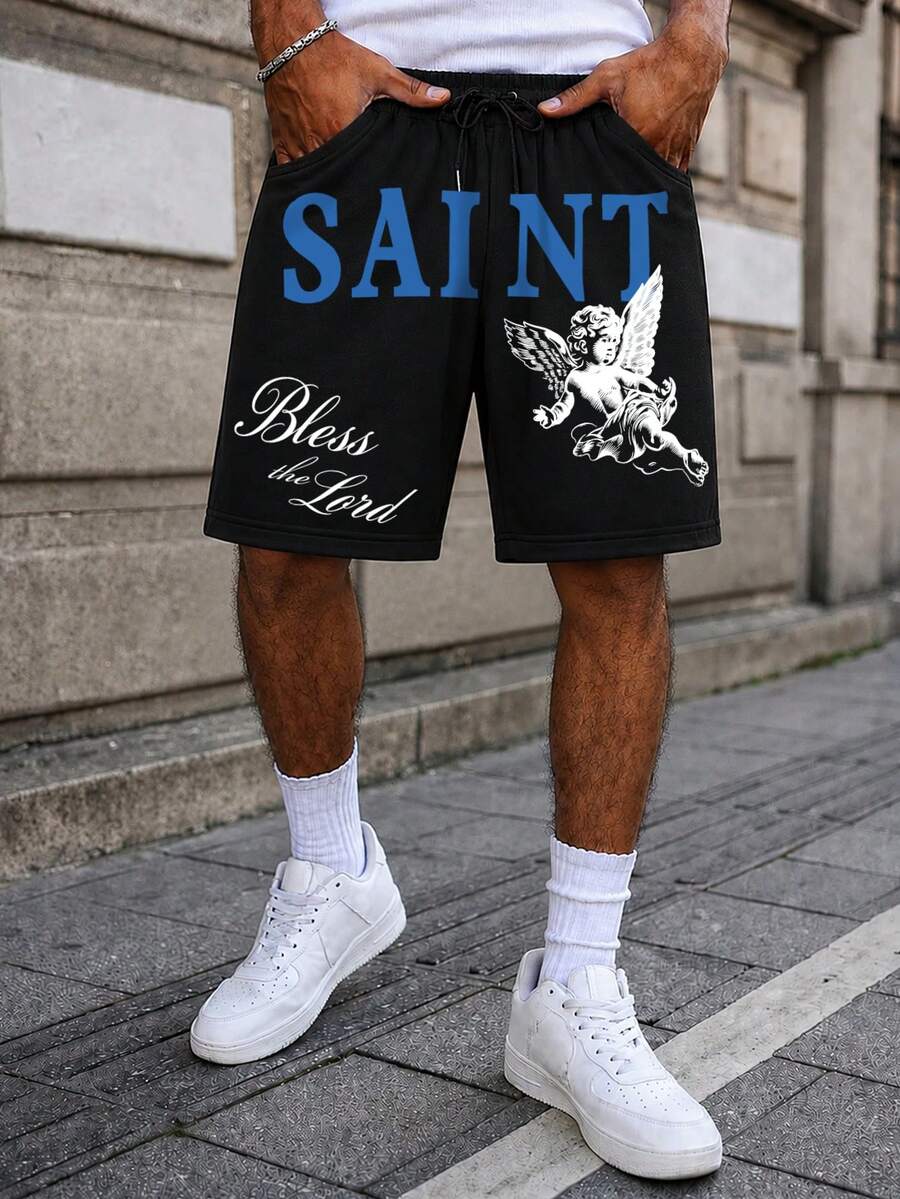 Manfinity LEGND Quần short nam phong cách tôn giáo Mỹ, họa tiết thiên thần vintage, in mài cũ phong cách vintage, các vị thánh và thiên thần, niềm tin, mặc hàng ngày - màu đen - Xem 1