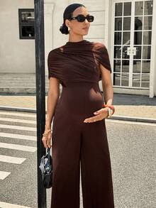 MaterniWear Maternity Solid Color Stand Collar Pleated Wide Leg Elegant Maternity Maternity Jumpsuit Baby Shower Photoshoot Summer Photoshoot - Brown - View 9