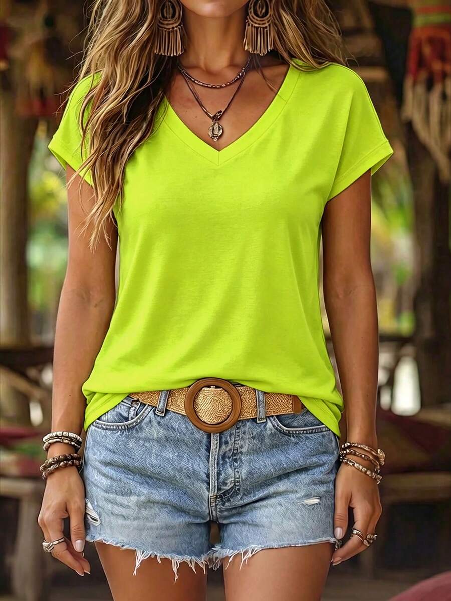 Omancia Summer Casual Solid Color V-Neck Short Sleeve T-Shirt - Green - View 1