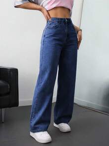 SHEIN ICON 大尺碼女款休閒口袋直筒牛仔褲 - 深色水洗藍 - 查看 6