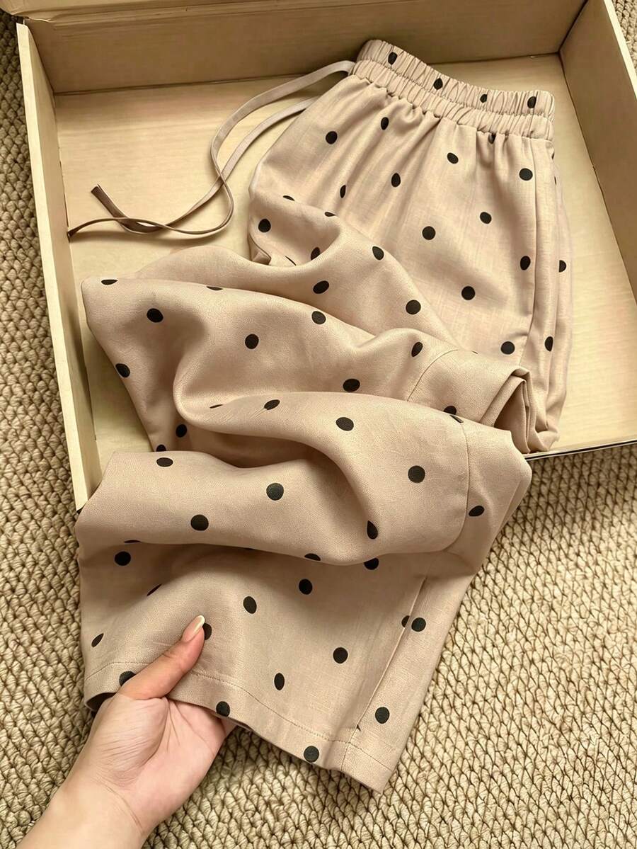 SHEIN Franclia 優雅法式度假風女款長褲，彈性腰帶附口袋設計，復古圓點花卉圖案，春夏秋冬皆宜，休閒日常通勤沙灘鄉村風長褲