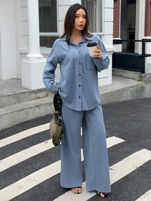 Dazy Tall Women's Lapel Long Sleeve Stitch Decor Open Front Shirt And Loose Straight Leg Pants Urban Casual Denim Set - Light Wash - View 2