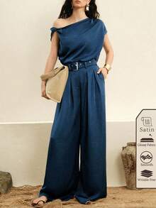 SHEIN Zanirela Women Satin Texture Asymmetric Design Sleeveless Top, Elegant Sexy Suitable For Commute And Vacation, Woven French Knot Modest, Old-Money, Blouse Golf - Blue - View 1