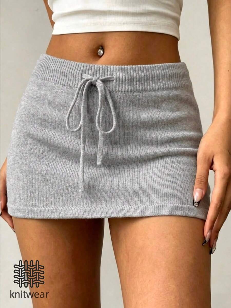 INAWLY Solva Women's Sexy Drawstring Knit Ultra Mini Skirt, Low Waist Slim Fit Bodycon Mini Skirt - Grey - View 1