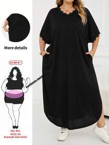 SHEIN CURVE+ 大尺碼女款春夏新款時尚通勤休閒口袋設計開衩長款袍裙 - 黑色 - 查看 4