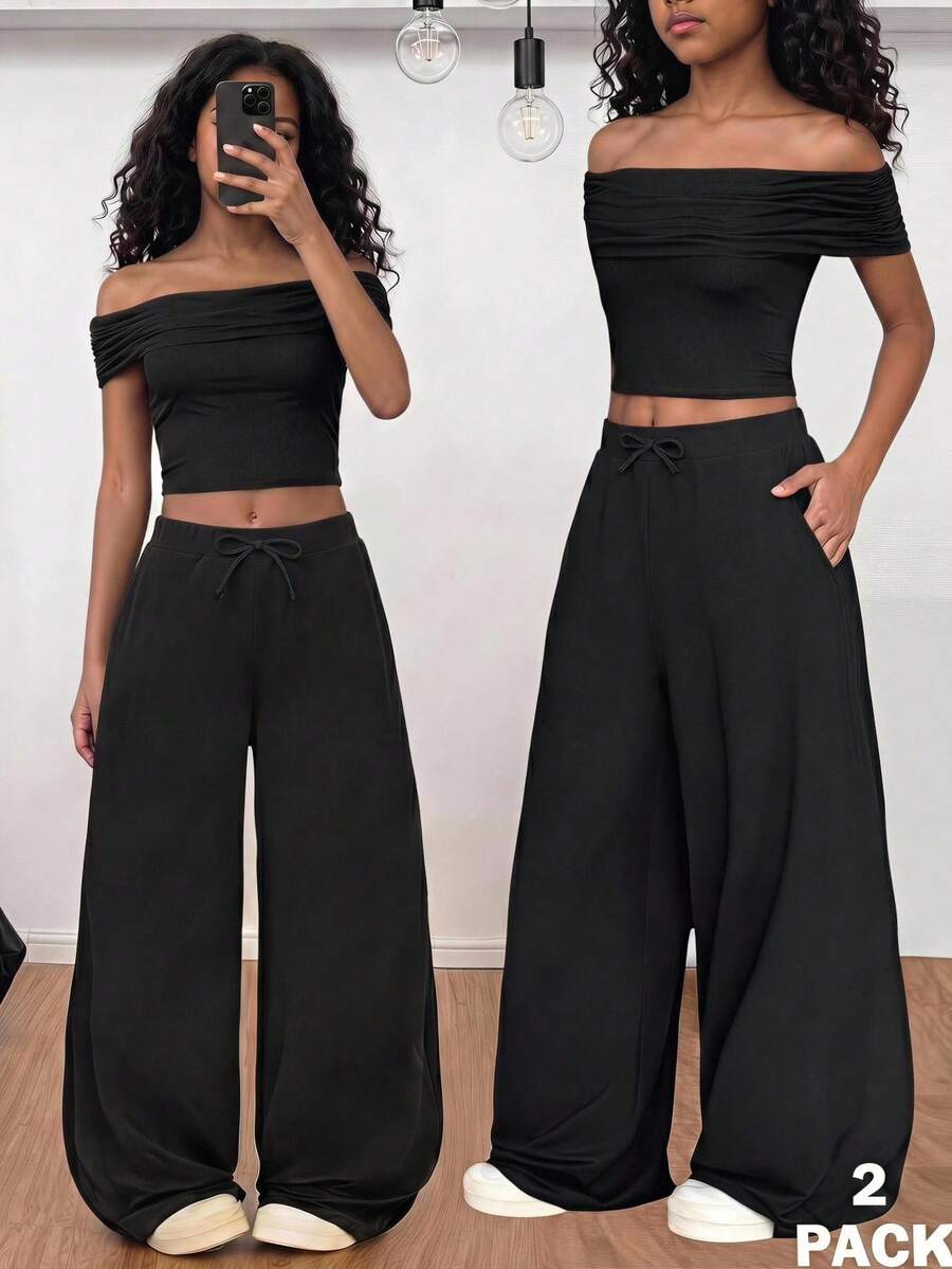 SHEIN Tween女孩黑色羅紋針織不對稱單肩抓皺短版上衣與寬腿褲2件式休閒度假套裝 - 黑色 - 查看 1