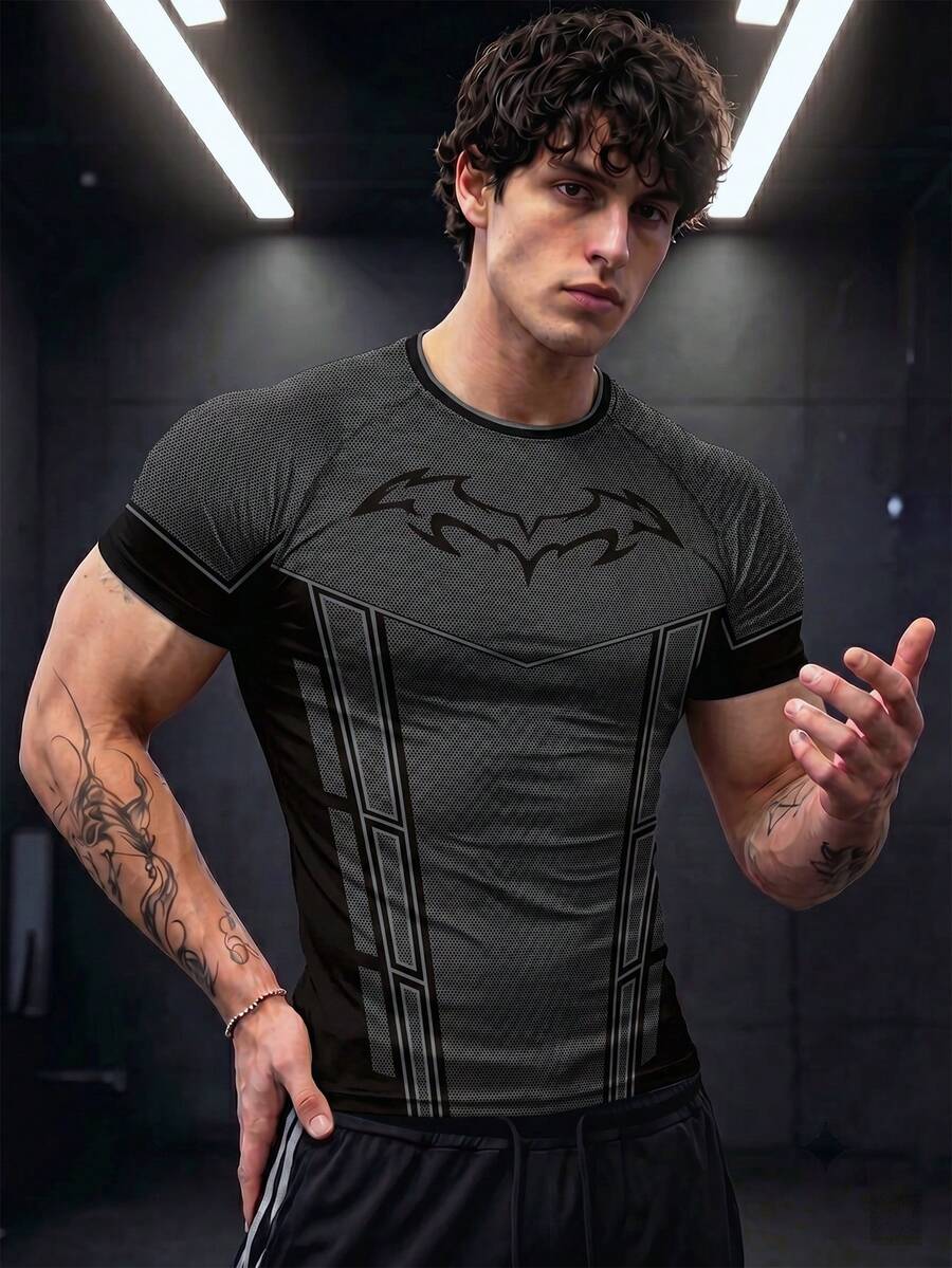 GymBeat Kaos Olahraga Pria Lengan Pendek Kerah Bulat dengan Motif Geometris dan Warna Kontras - MultiWarna - View 1