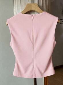Resyla Top sin mangas de mujer color rosa liso con cremallera en la espalda, cintura fruncida lateral y cuello cuadrado, adecuado para primavera y verano - Rosa Pálido - Ver 2
