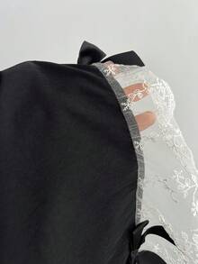 Elamini Minimalist Lace Cute Sexy Sweet Peter Pan Collar Lace Trim Patchwork Bow Short Sleeve A-Line Mini Dress Date Party Black And White Summer - Black - View 8