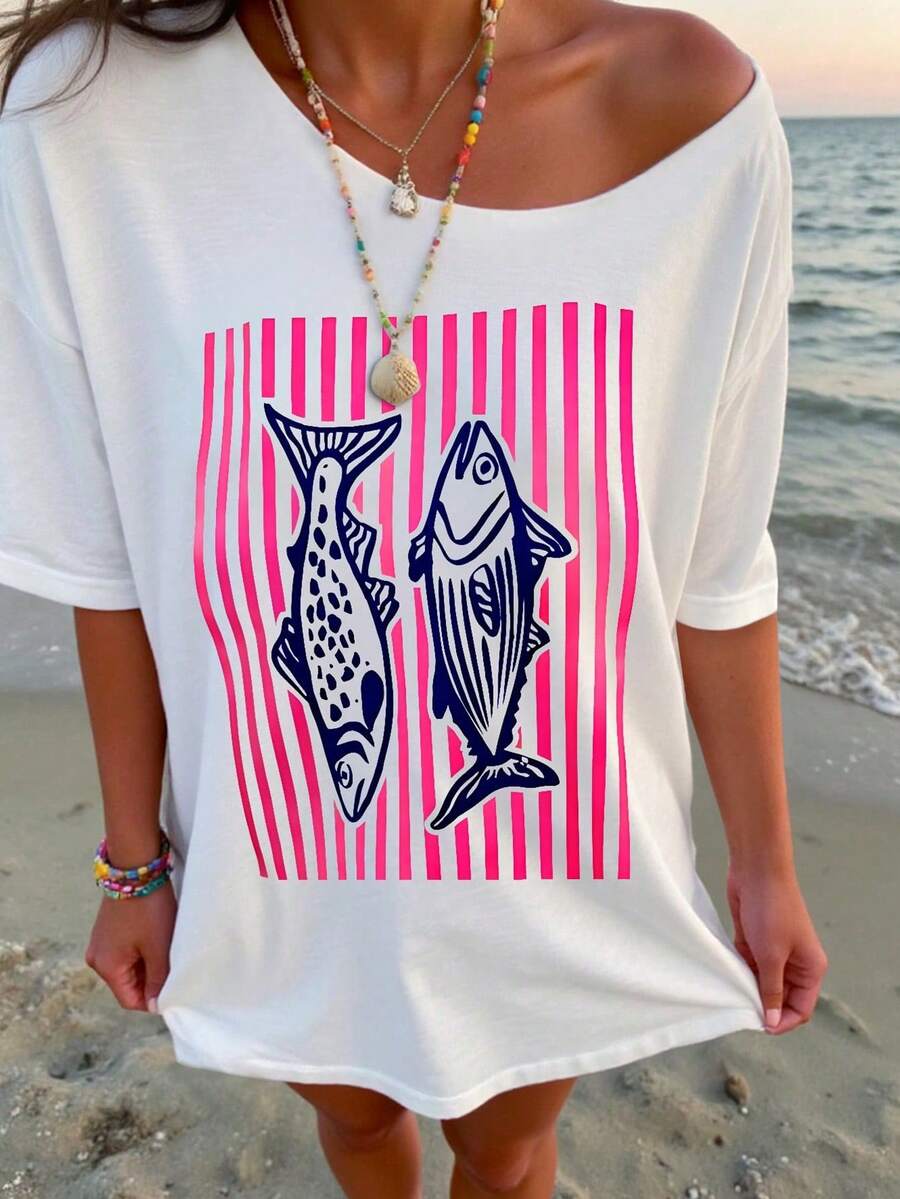 Vaclyn 不對稱肩 T-shirt,復古沙丁魚 T-shirt,海鮮度假復古圖案上衣,美學襯衫,90年代 - 白色 - 查看 1